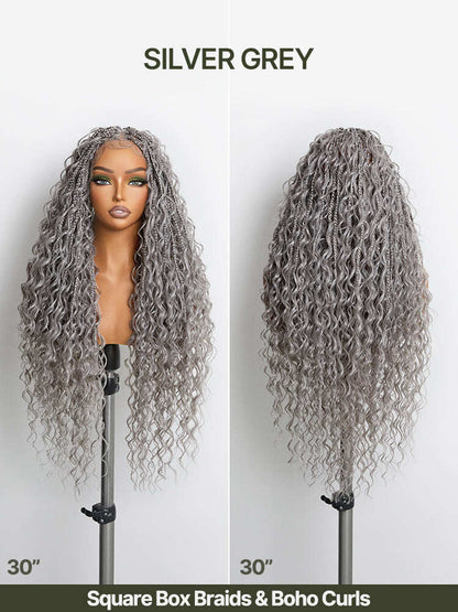Fiber 30" Full Lace Boho Braids Synthetic Box Braid Wig – Grid-Part Top with Mixed Boho Curls