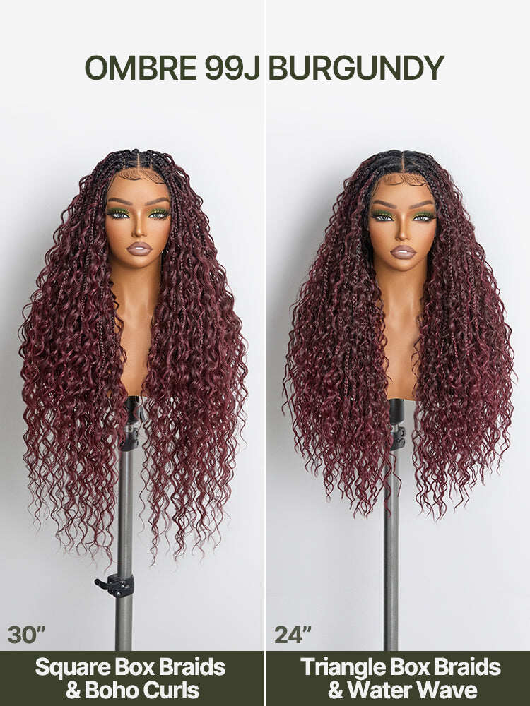 Fiber 30" Full Lace Boho Braids Synthetic Box Braid Wig – Grid-Part Top with Mixed Boho Curls