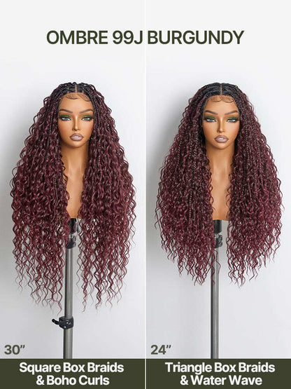 Fiber 30" Full Lace Boho Braids Synthetic Box Braid Wig – Grid-Part Top with Mixed Boho Curls