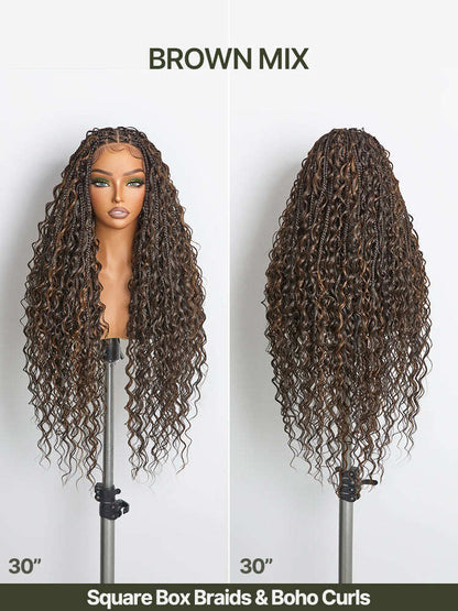 Fiber 30" Full Lace Boho Braids Synthetic Box Braid Wig – Grid-Part Top with Mixed Boho Curls