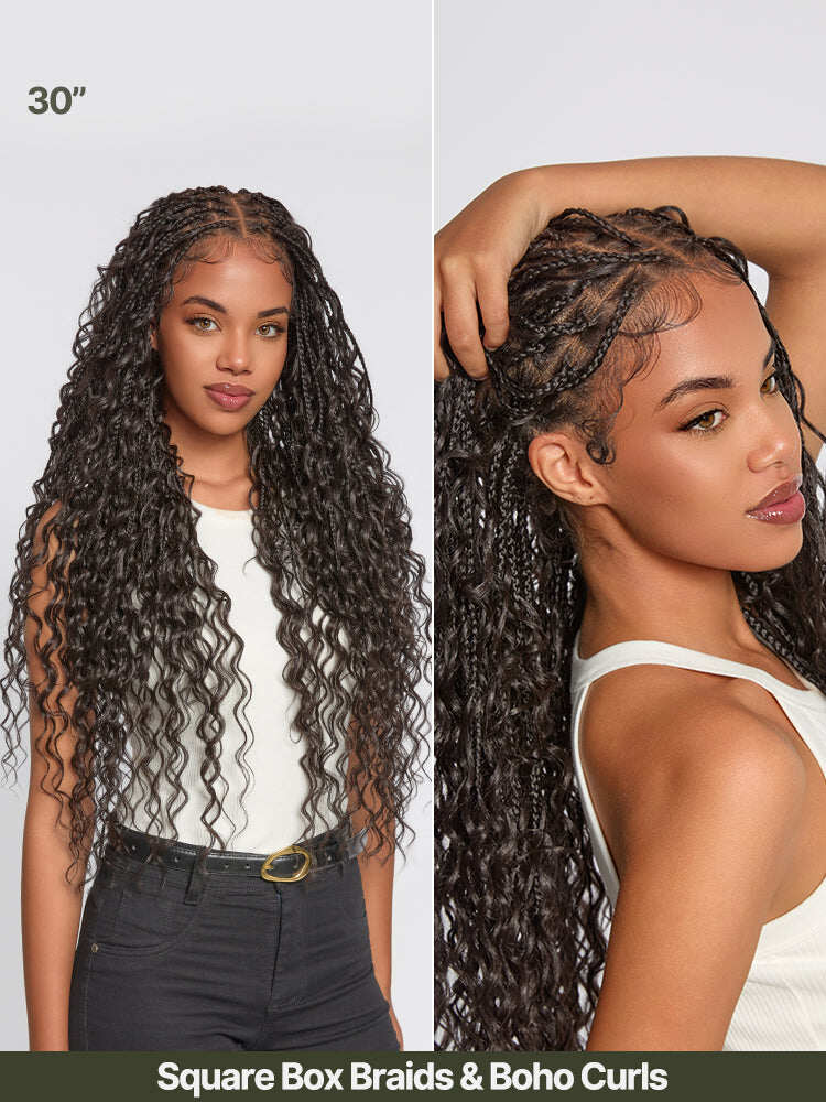 Fiber 30" Full Lace Boho Braids Synthetic Box Braid Wig – Grid-Part Top with Mixed Boho Curls