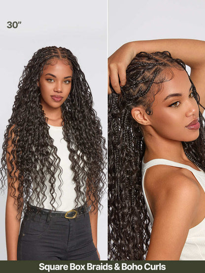 Fiber 30" Full Lace Boho Braids Synthetic Box Braid Wig – Grid-Part Top with Mixed Boho Curls
