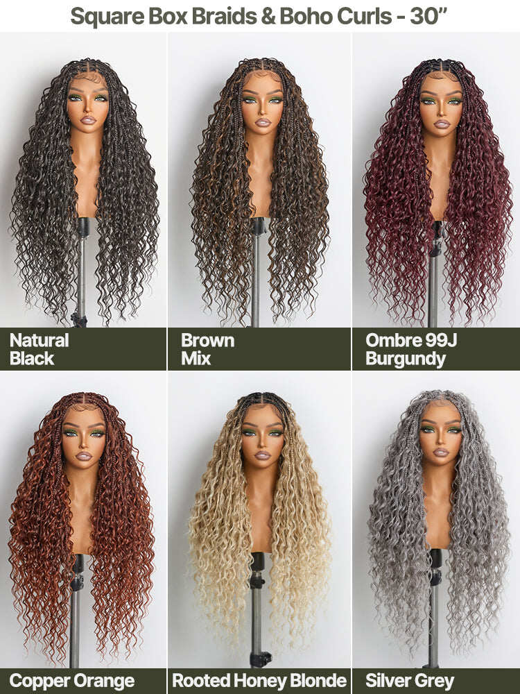 Fiber 30" Full Lace Boho Braids Synthetic Box Braid Wig – Grid-Part Top with Mixed Boho Curls