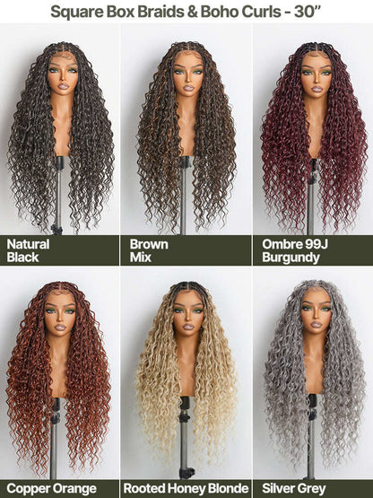 Fiber 30" Full Lace Boho Braids Synthetic Box Braid Wig – Grid-Part Top with Mixed Boho Curls