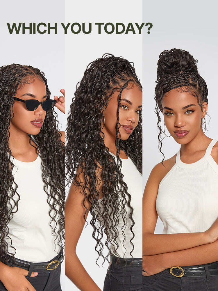 Fiber 30" Full Lace Boho Braids Synthetic Box Braid Wig – Grid-Part Top with Mixed Boho Curls