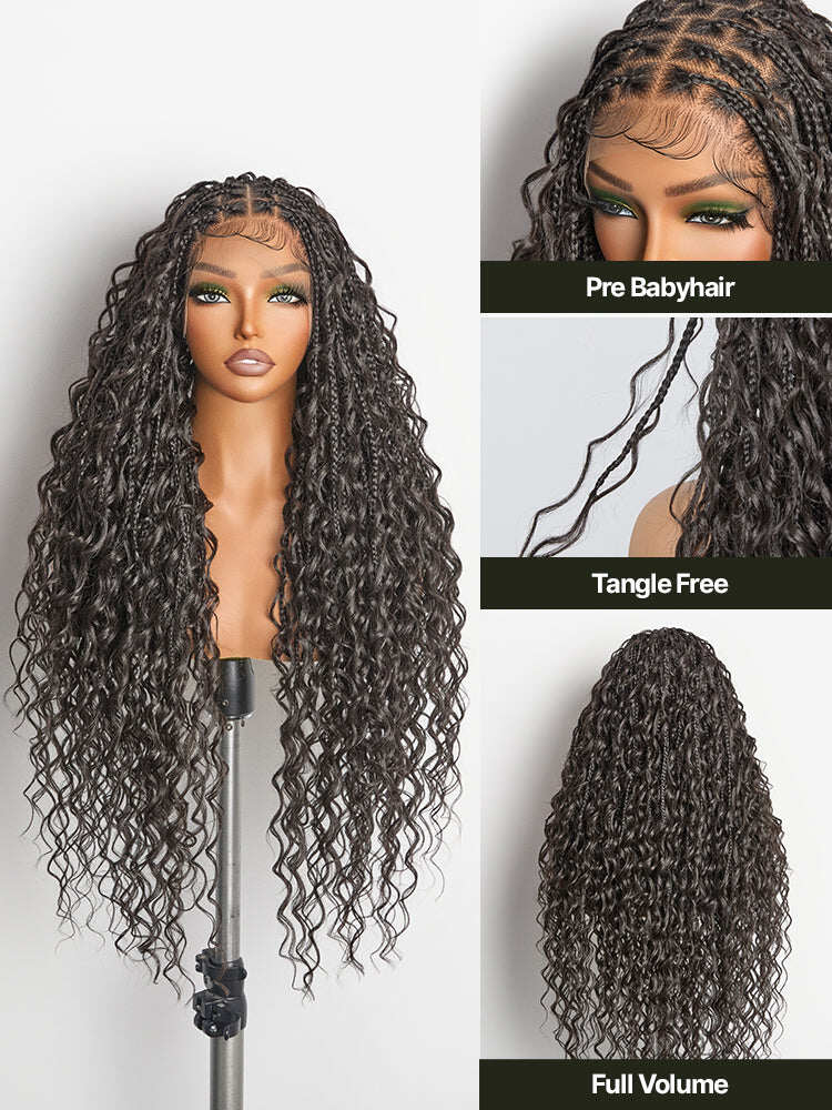 Fiber 30" Full Lace Boho Braids Synthetic Box Braid Wig – Grid-Part Top with Mixed Boho Curls