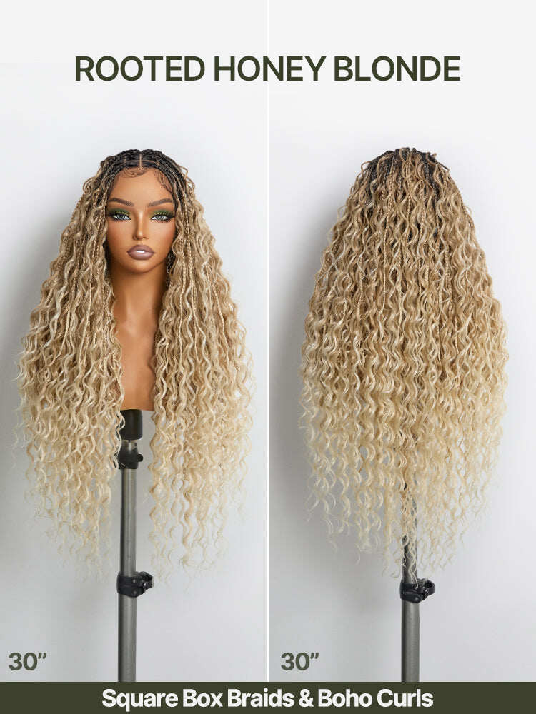Fiber 30" Full Lace Boho Braids Synthetic Box Braid Wig – Grid-Part Top with Mixed Boho Curls