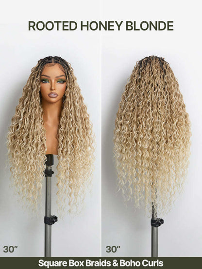 Fiber 30" Full Lace Boho Braids Synthetic Box Braid Wig – Grid-Part Top with Mixed Boho Curls