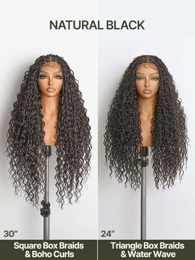 Fiber 30" Full Lace Boho Braids Synthetic Box Braid Wig – Grid-Part Top with Mixed Boho Curls