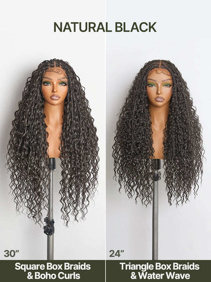Fiber 30" Full Lace Boho Braids Synthetic Box Braid Wig – Grid-Part Top with Mixed Boho Curls