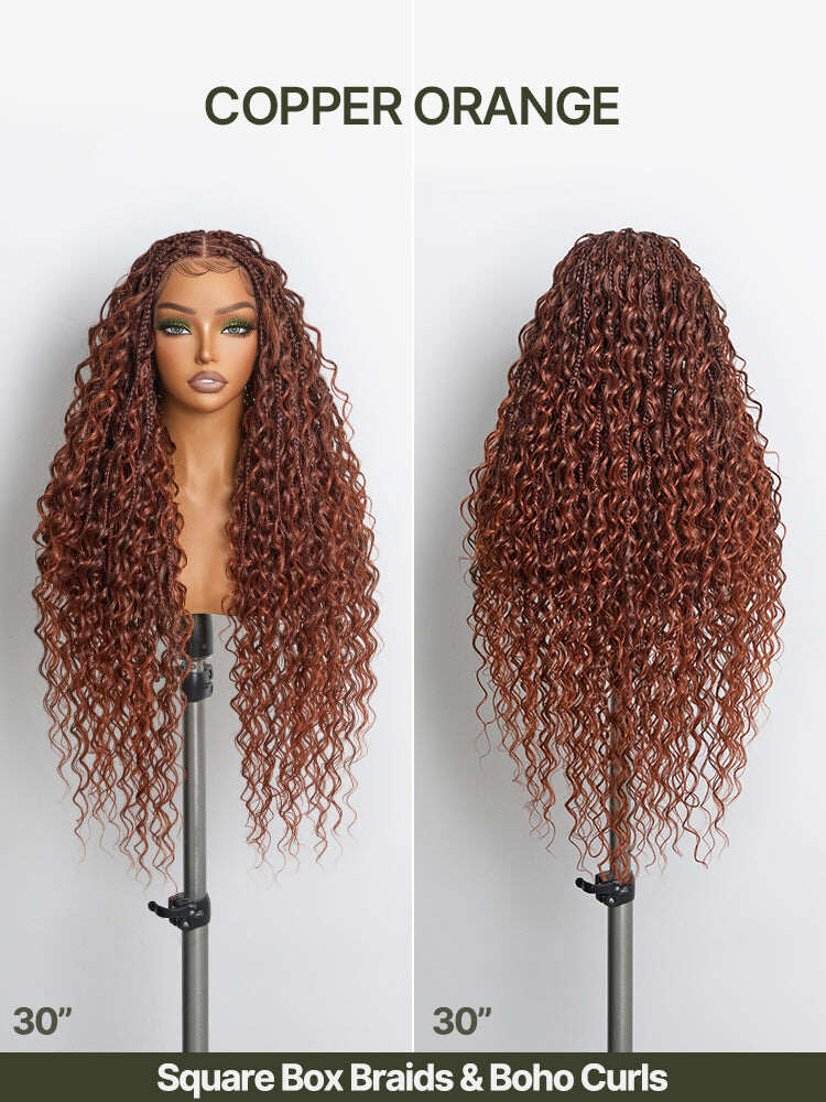 Fiber 30" Full Lace Boho Braids Synthetic Box Braid Wig – Grid-Part Top with Mixed Boho Curls